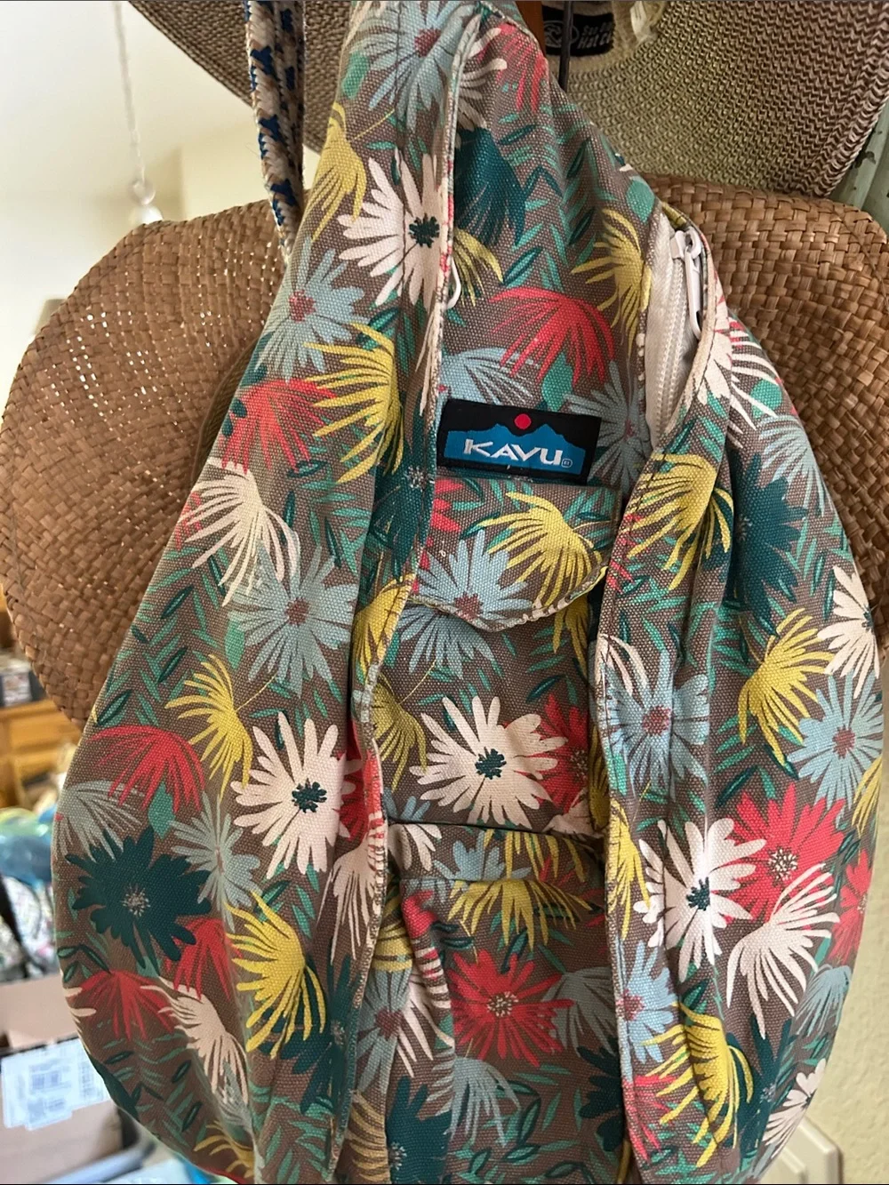 Kavu Kids Floral Sling Bag in Teal, Red, Yellow, Cream
